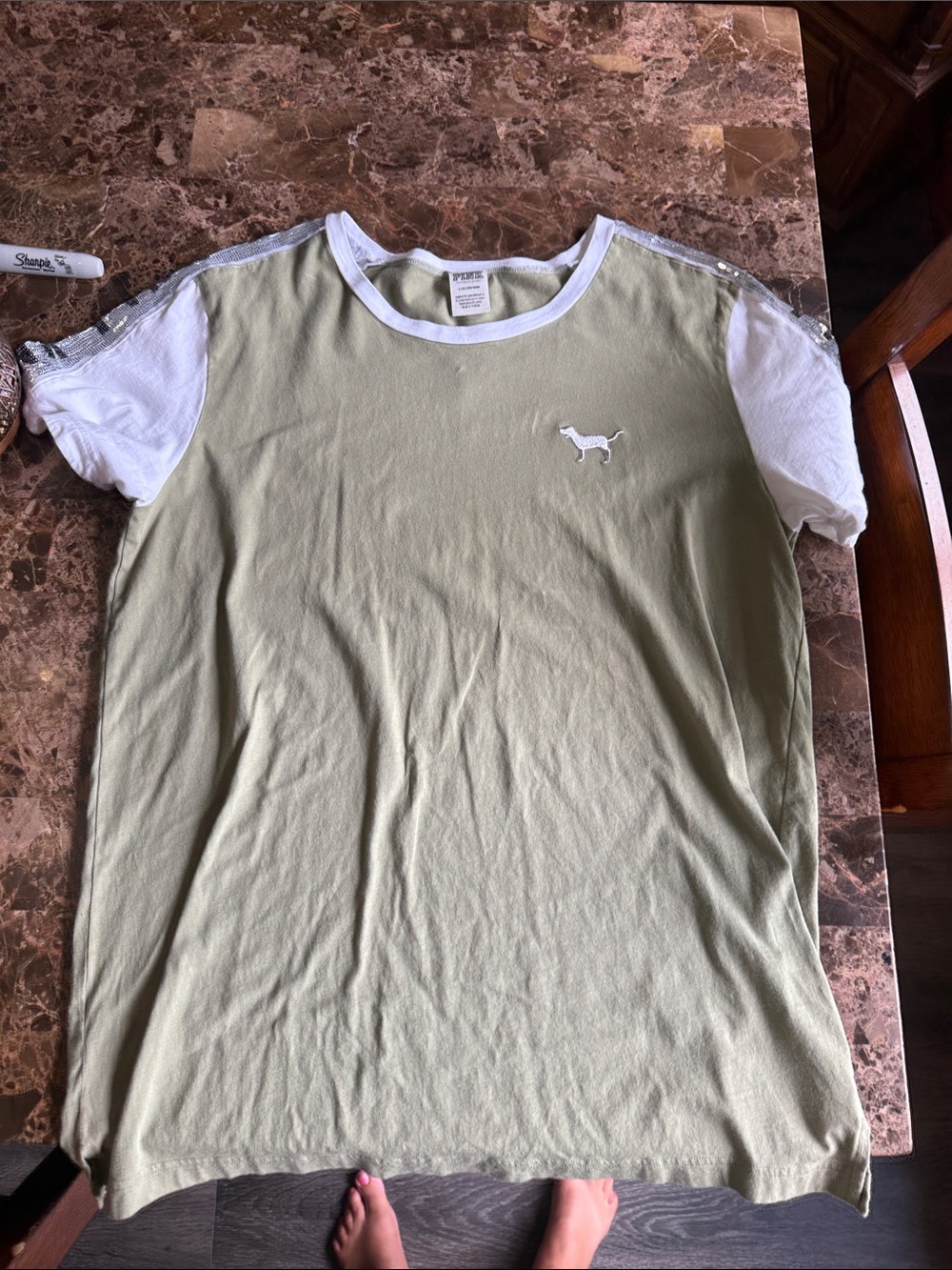 PINK Victoria's Secret Olive Green Tee with White Trim and Sequin Detail